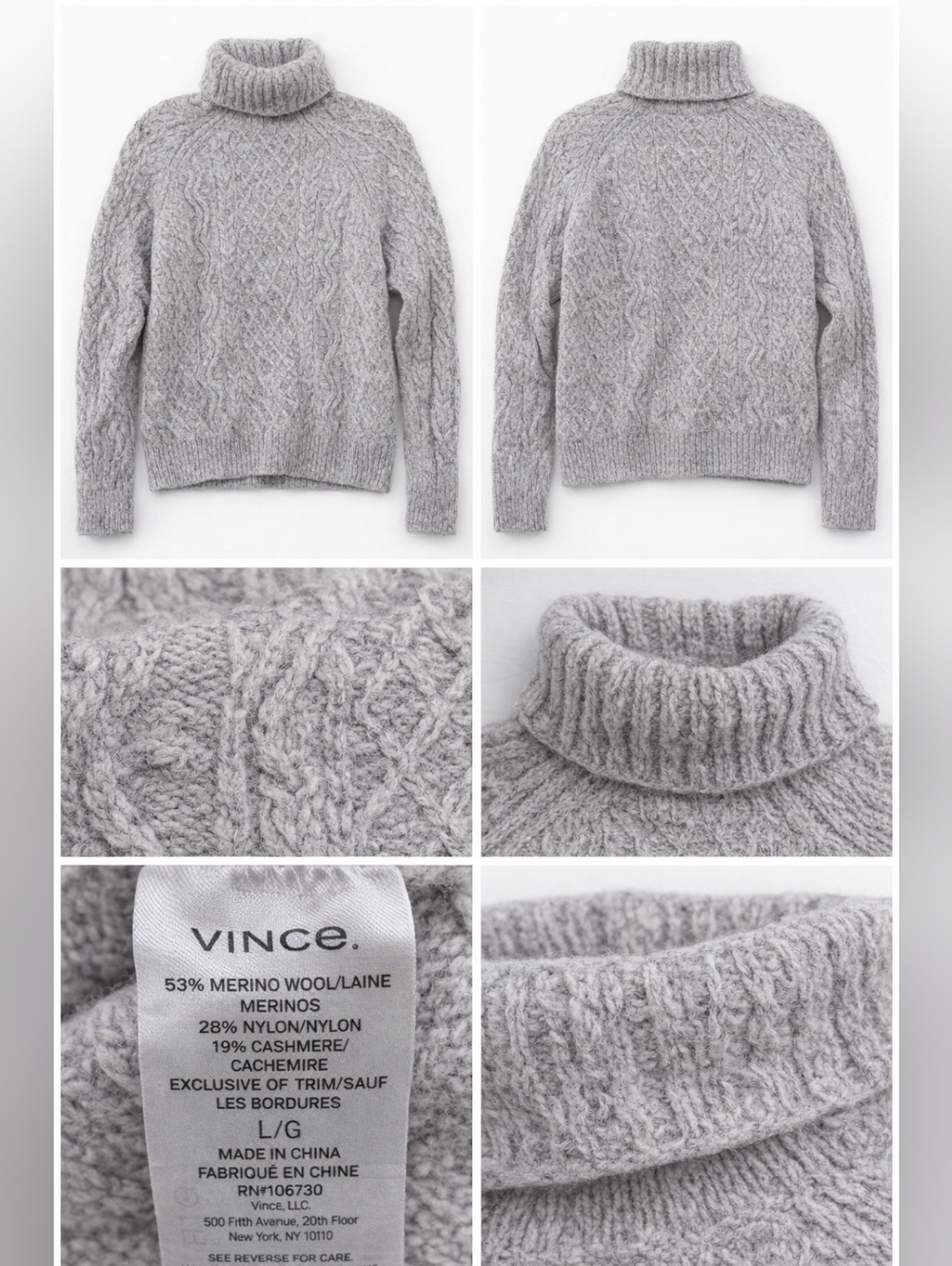Vince Cable Knit Turtleneck Sweater Large Gray Merino Wool Cashmere Blend Pullov